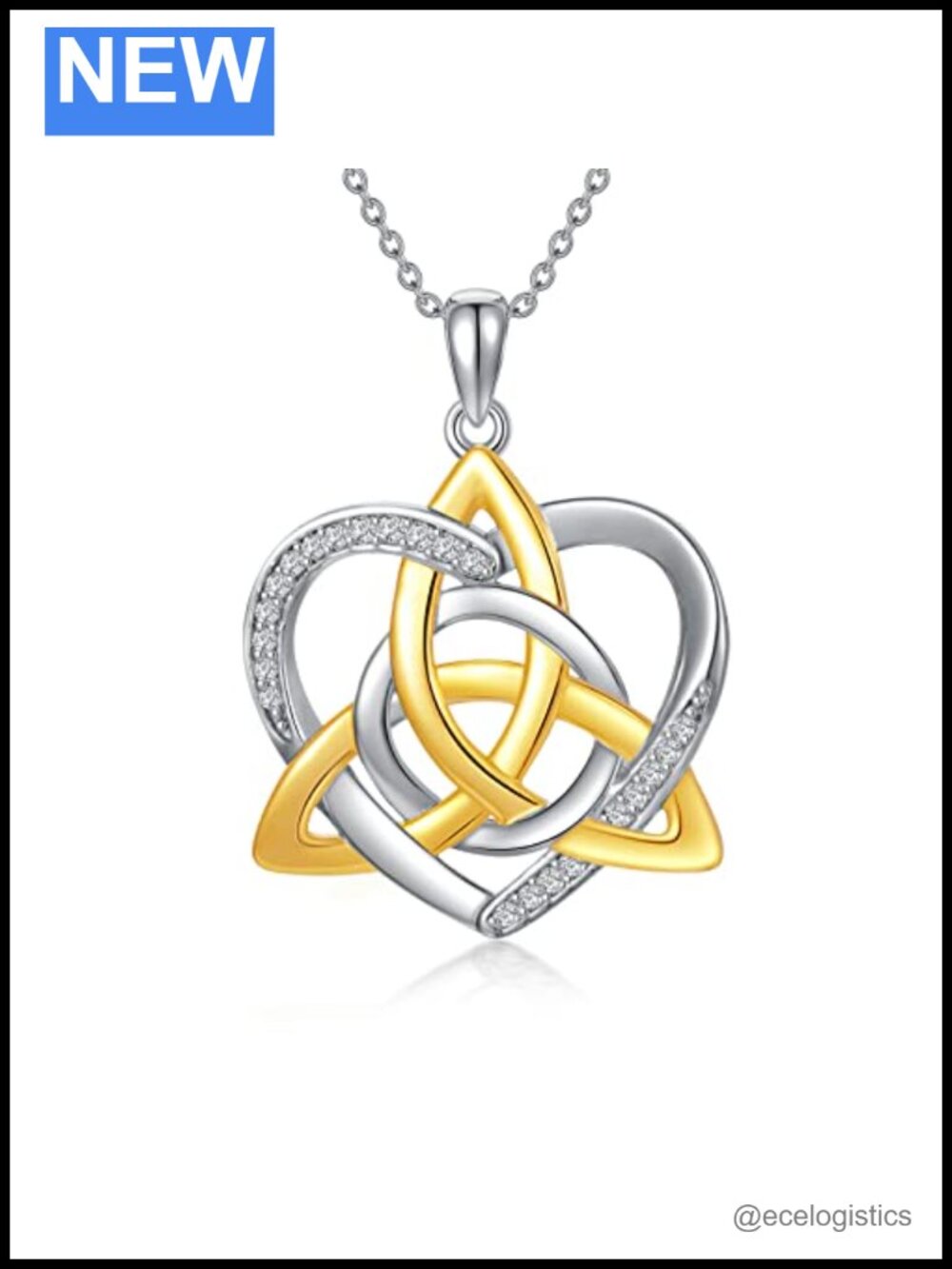 14K Yellow Gold Plated 925 Sterling Silver Diamond Heart Trinity Knot Necklace